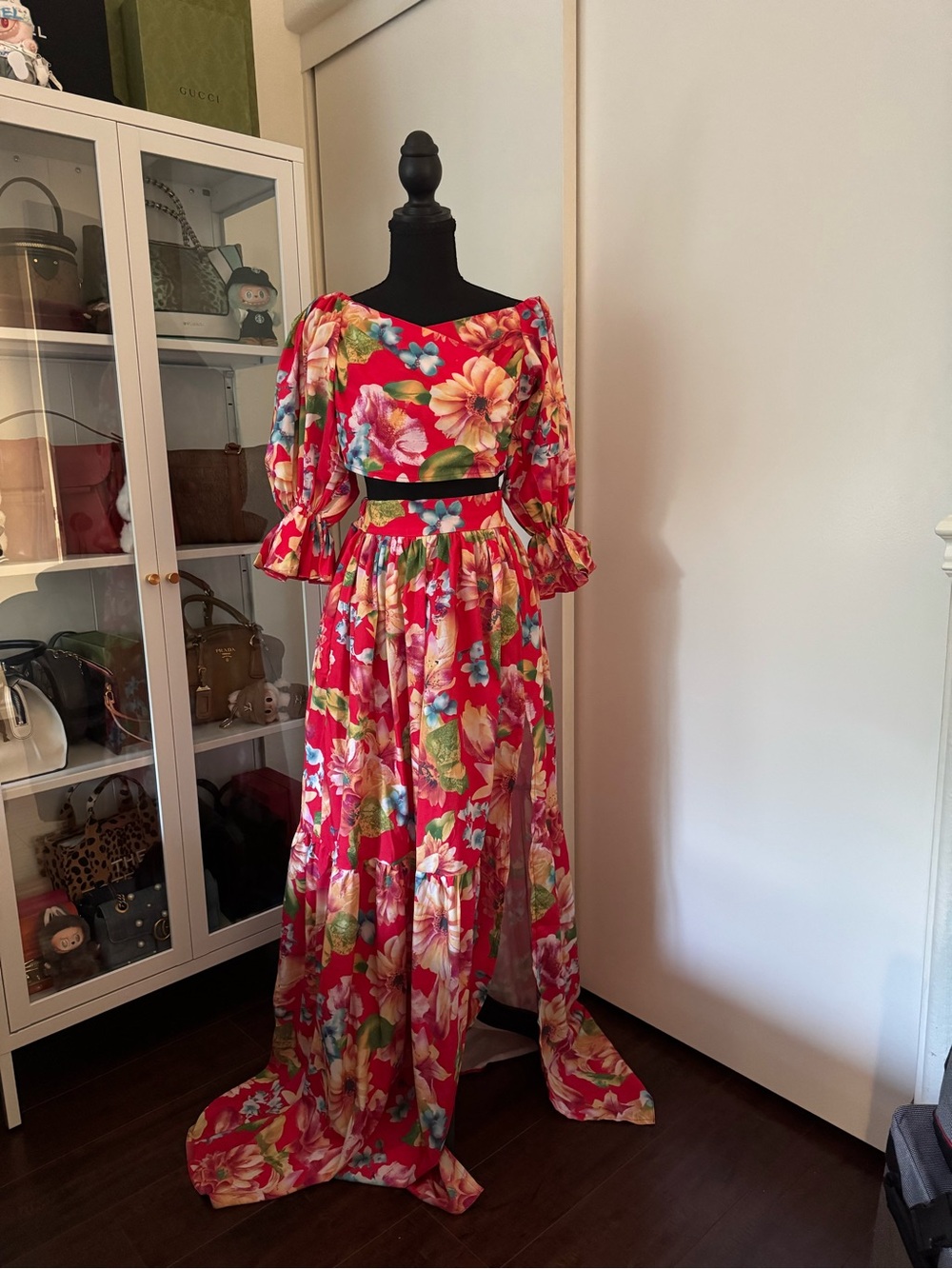 Grass Fields Vibrant Red Floral Two-Piece Maxi Dress